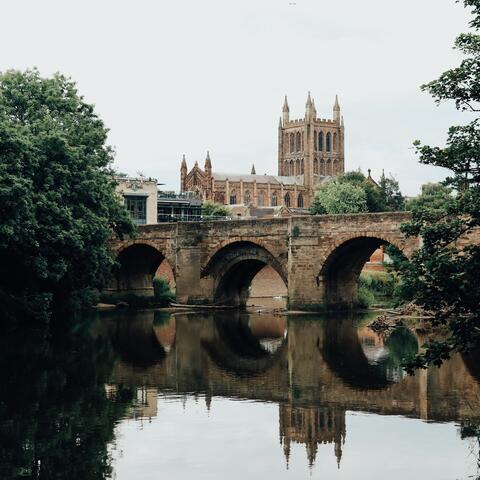 View of the old bridge in Hereford and Cathedral