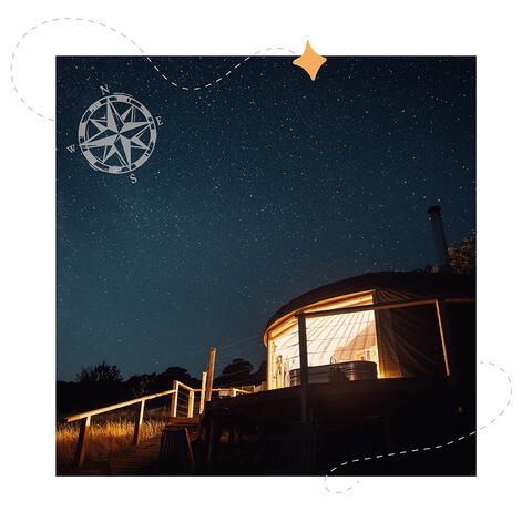 Photo of yurt with starry sky and superimposed graphics