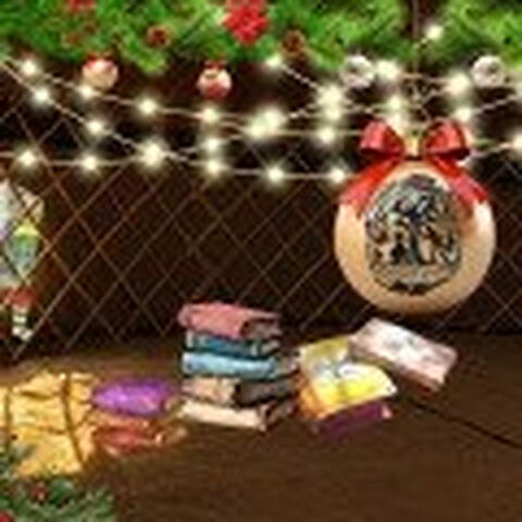 Christmas lights and decorations hanging over a pile of books