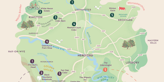 Map of Herefordshire showing the Food Safari's