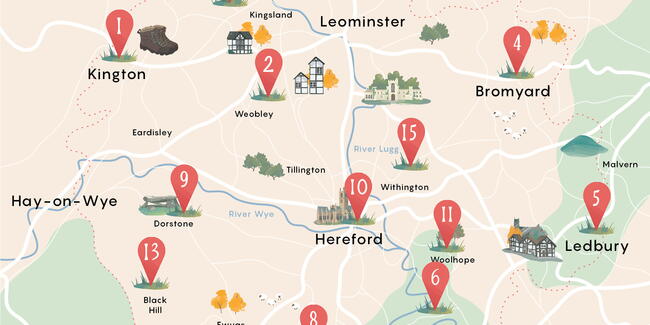 Map of Herefordshire with route starting points marked on it
