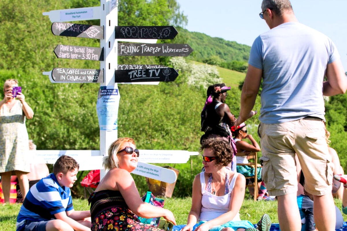 Group sit in a scenic sunny spot by the signs