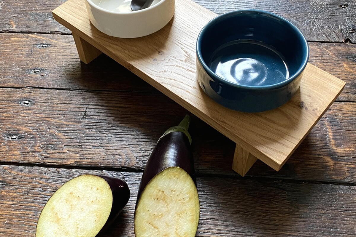Stuart Houghton serving bench with porcelain bowls