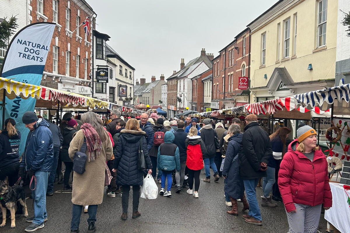 stalls and crowds gathered in town centre