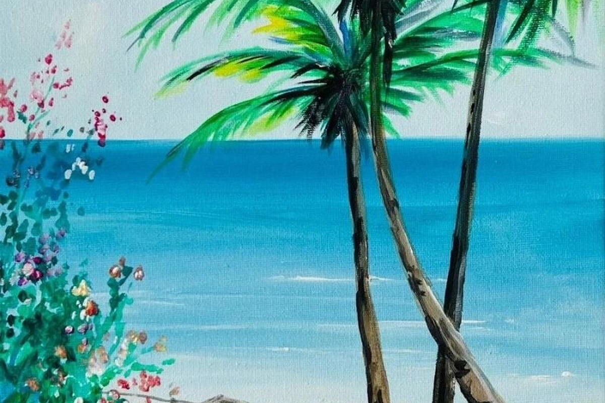 painting of a tropical beach scene with palm tree