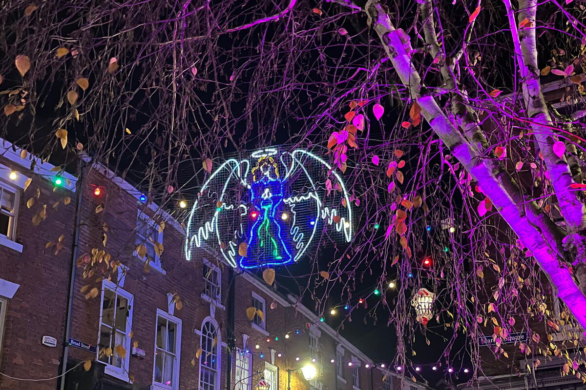Christmas lights decoration in Bromyard in the shape of an angel