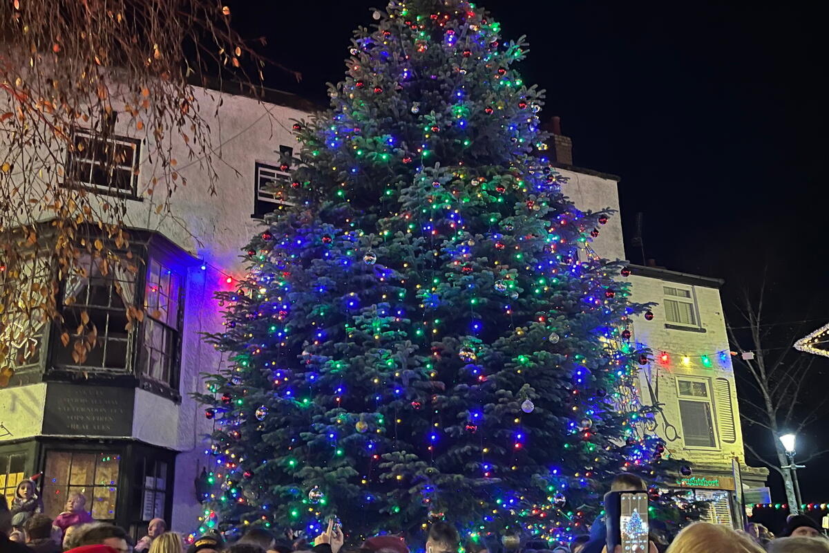 large decorated Christmas tree in town square with crowds