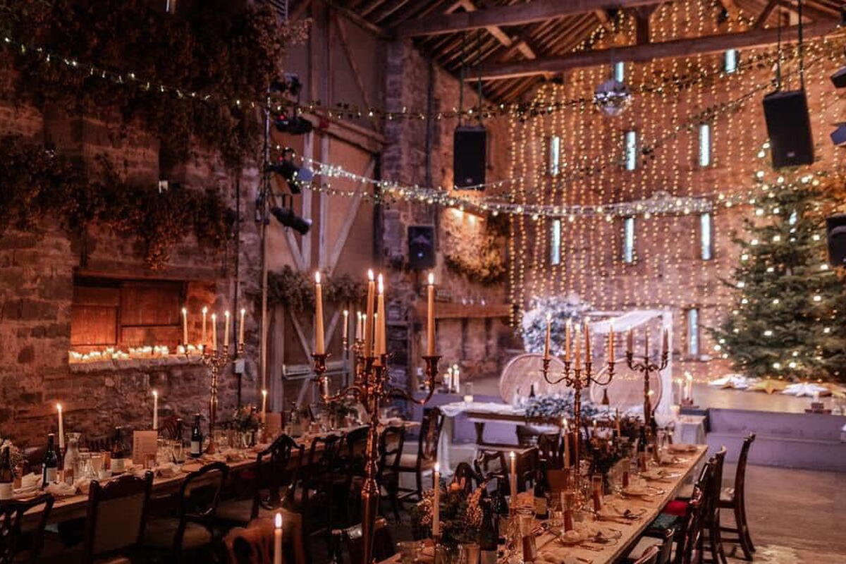 Large dining hall decorated for Christmas