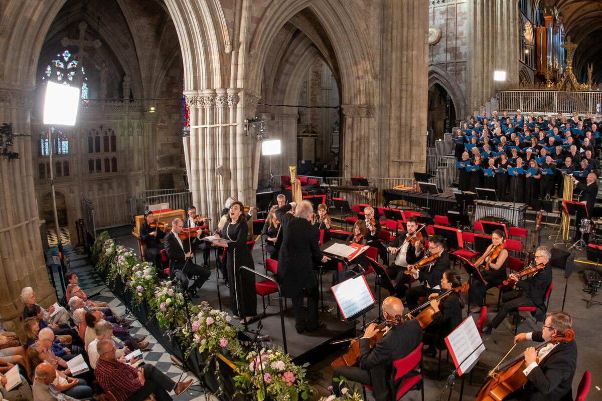 Choir and orchestra inside Hereford Cathedral