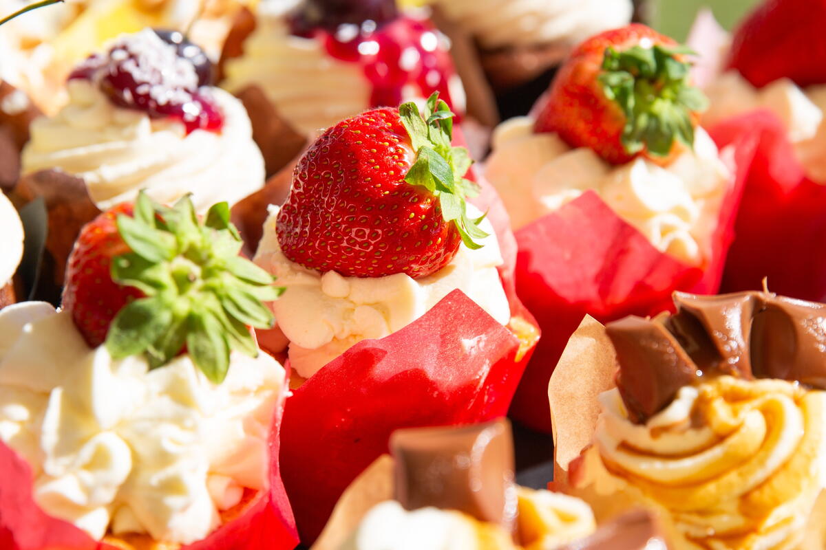 Sweet treats with fresh fruit and chocolate pieces on top