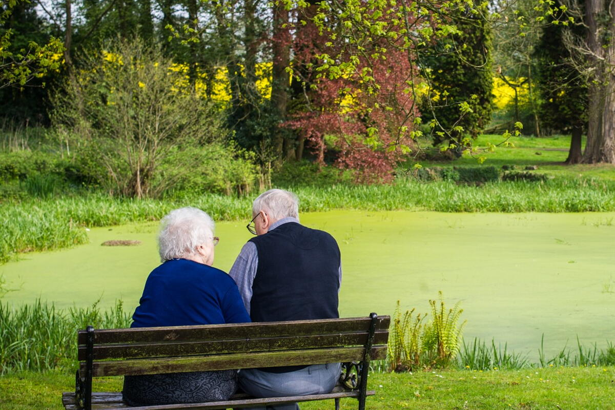 two people sat on a bench next to a pond 