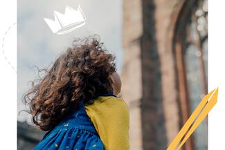 Girl looks at cathedral