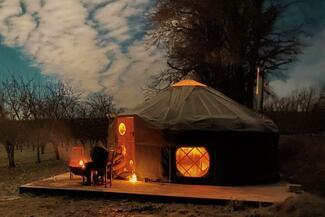 Yurt exterior at night