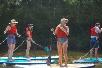 Women paddleboarding on a sunny day