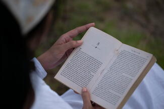 book being read outside on a gloomy day 