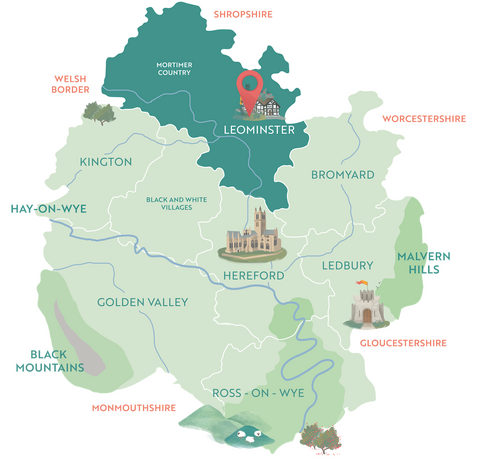 Map showing Leominster within Herefordshire