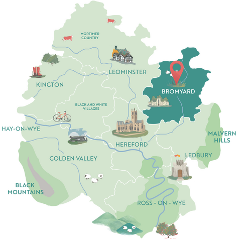 Illustrated map showing Bromyard within the County