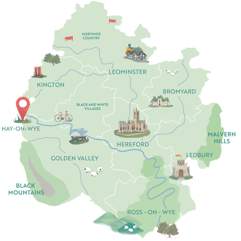 Illustrated map showing Hay-on-Wye within the County