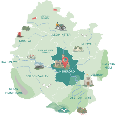 Illustrated map showing Hereford within the County