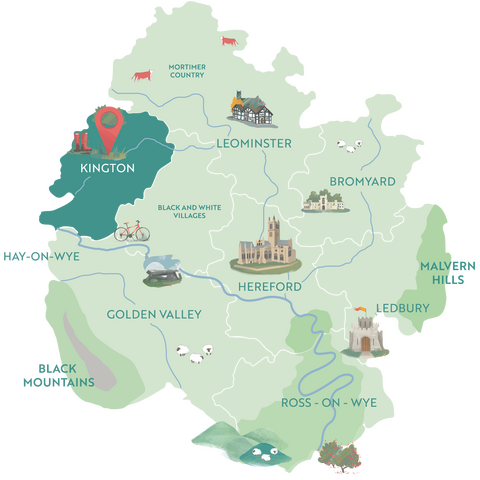 Illustrated map showing Kington within the County