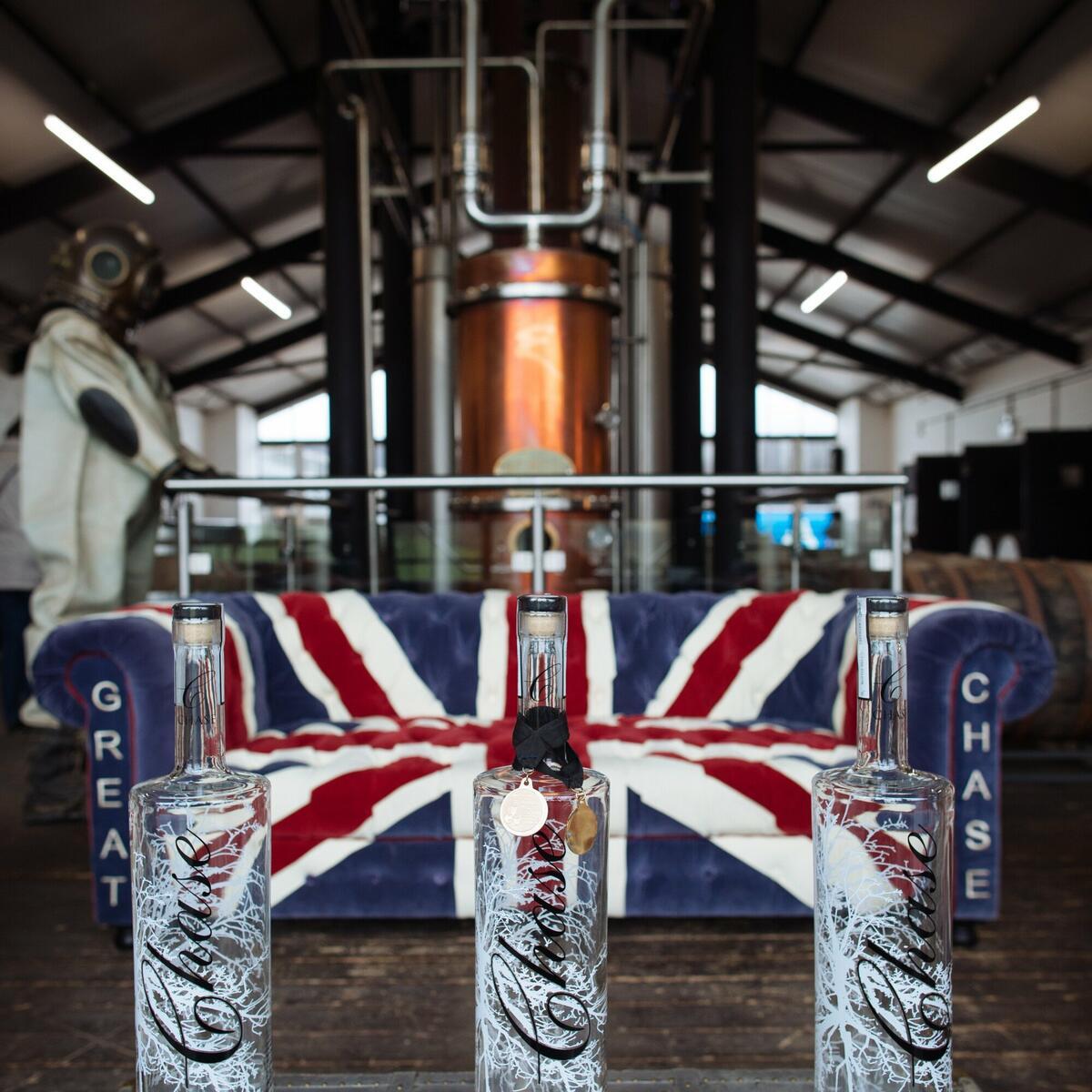 Chase Distillery still house and iconic union jack sofa