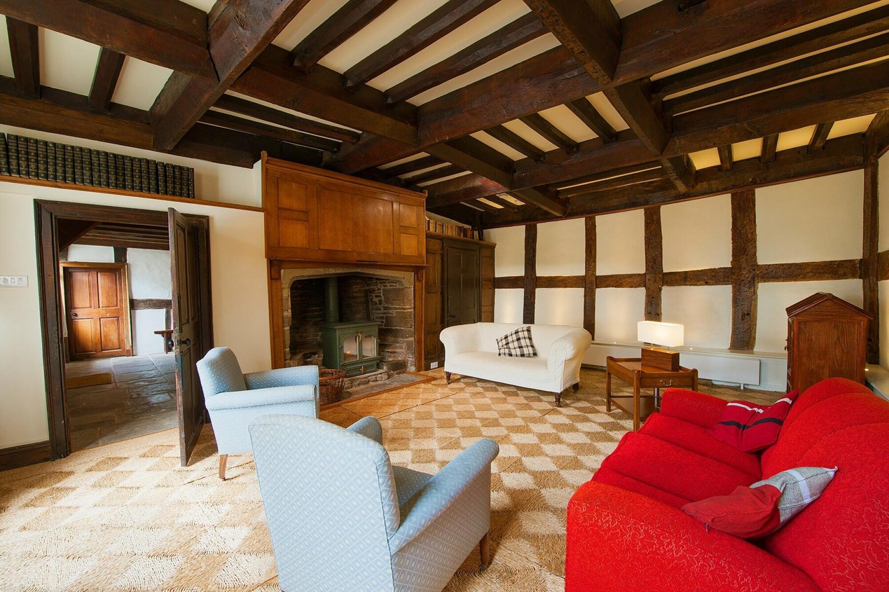 The 16th century drawing room, with its chequerboard ceiling