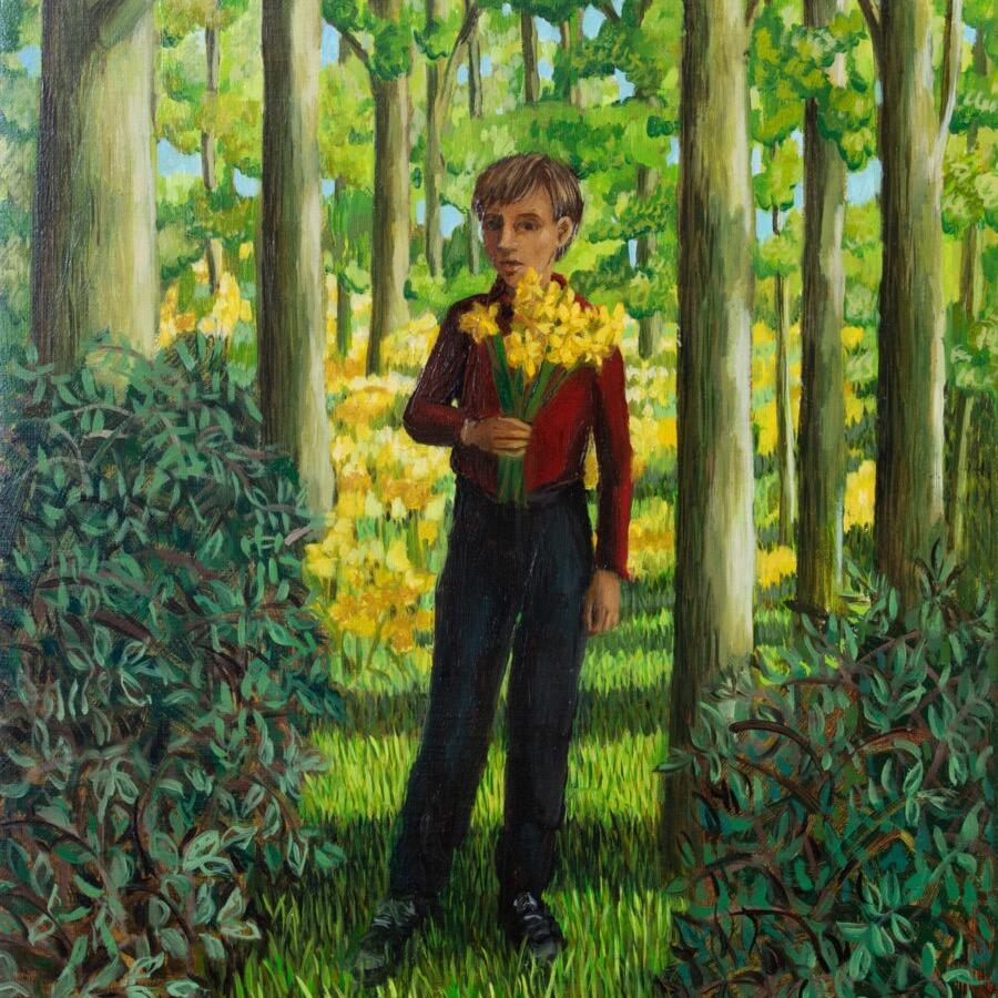 'Boy with Daffodils' oil on linen painting 