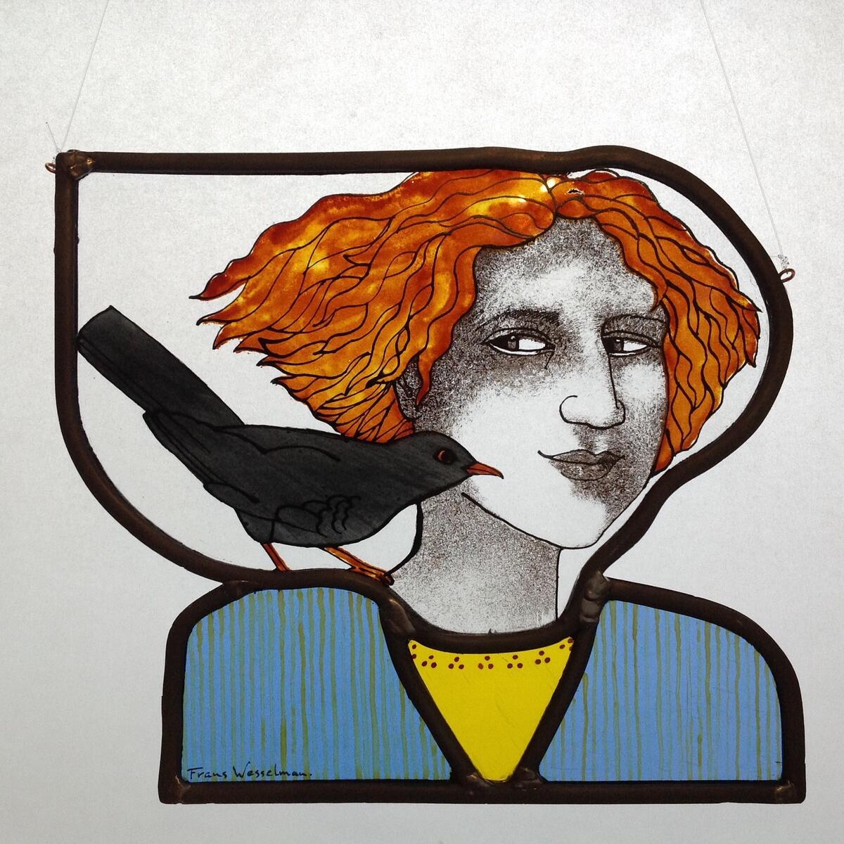 Girl with Blackbird stained glass art piece