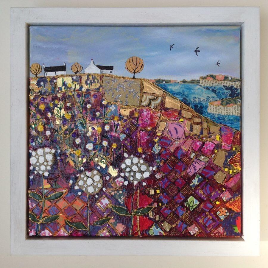 Patchwork fields and whitewash cottages mixed media artwork