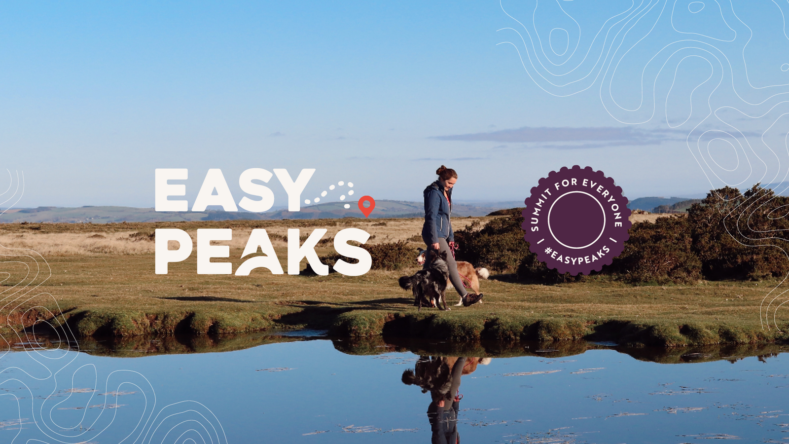 Photo of person walking on a hilltop waterscape with 'Easy Peaks' logo overlaid