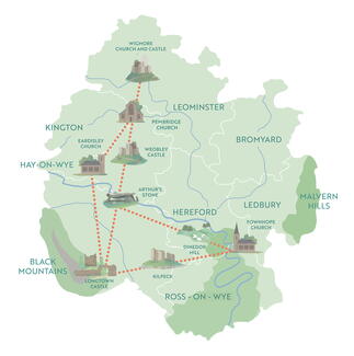 Illustrated map connecting historical sites across Herefordshire in straight lines