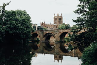 View of the old bridge in Hereford and Cathedral