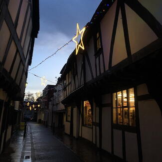 Leominster town lit up by festive lights