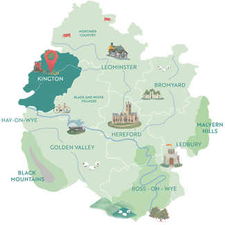 Illustrated map showing Kington within the County
