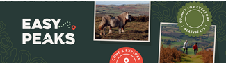 Graphic banner with 'Easy Peaks' logo written across. Features polaroid-style images of Herefordshire hills and graphic stickers reading 'Come & Explore' and 'Summit for Everyone'