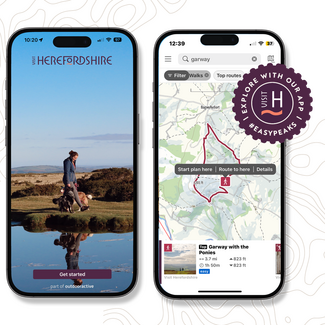 Phone screens showing the Visit Herefordshire App