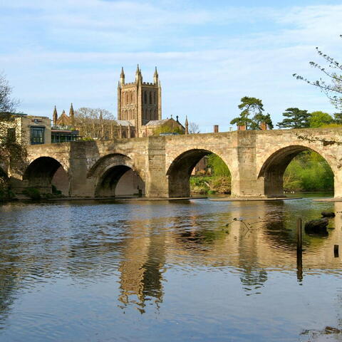Medieval Cathedral and Old Bridge on River Wye