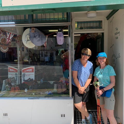 Clare Balding and Ali Allen outside The Walking Hub shop