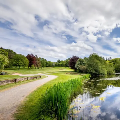 views across a drive way through a golf course with lake 