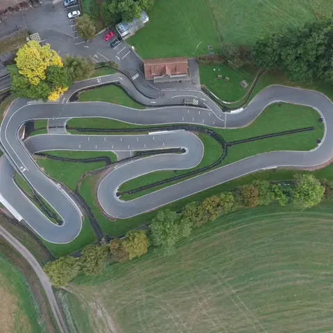 aerial view of a windy go kart track