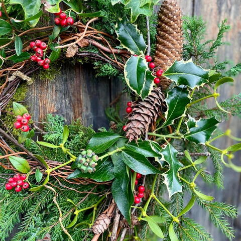 holly and berries in a fresh foliage Christmas wreath