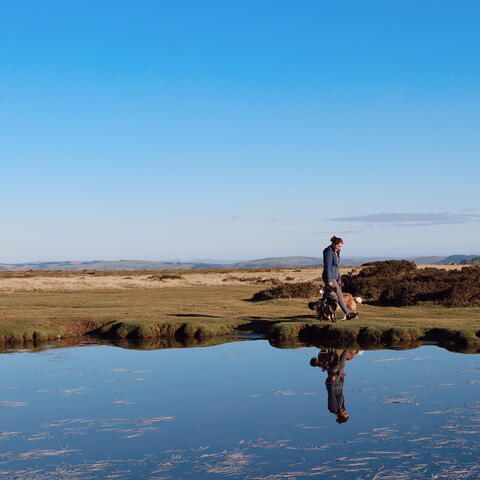 Young woman walking dog reflected in pond on high up landscape