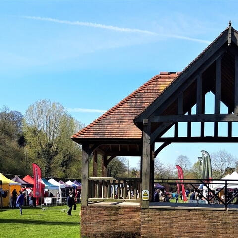 Picture of green grass, blue sky and market building