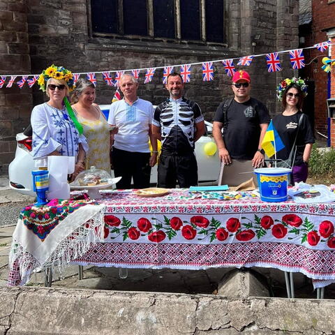 People celebrating Ukrainian culture outside the Hereford Cathedral