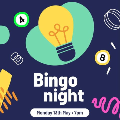 Bingo Nights poster with lightbulb and colourful scribbles