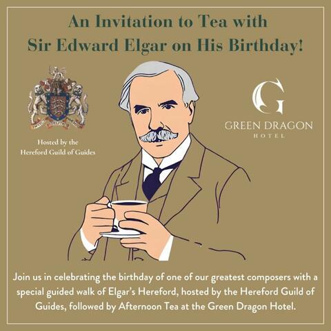 Line sketch illustration of Sir Edward Elgar on brown background
