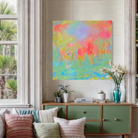 Large abstract painting on living room wall