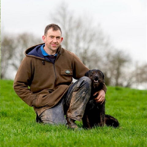 man kneeling with sheepdog