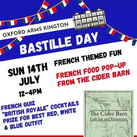 Bastille Day poster with event information in red, white and blue