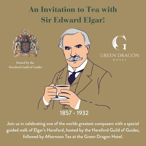 sketch illustration of Sir Edward Elgar with grey hair and large grey moustache  holding a cup of tea